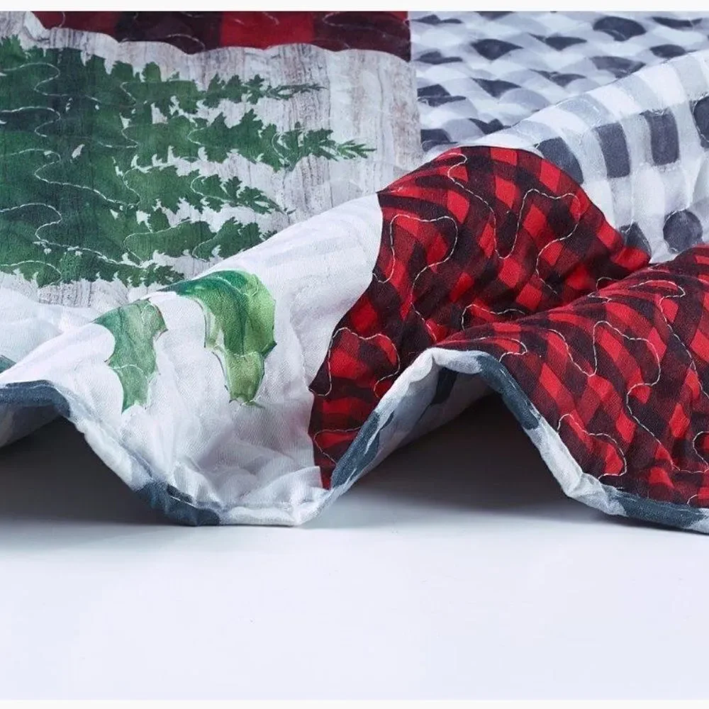 Merry Christmas Winter Lodge Printed QUEEN Quilt Set Holidays Red Truck